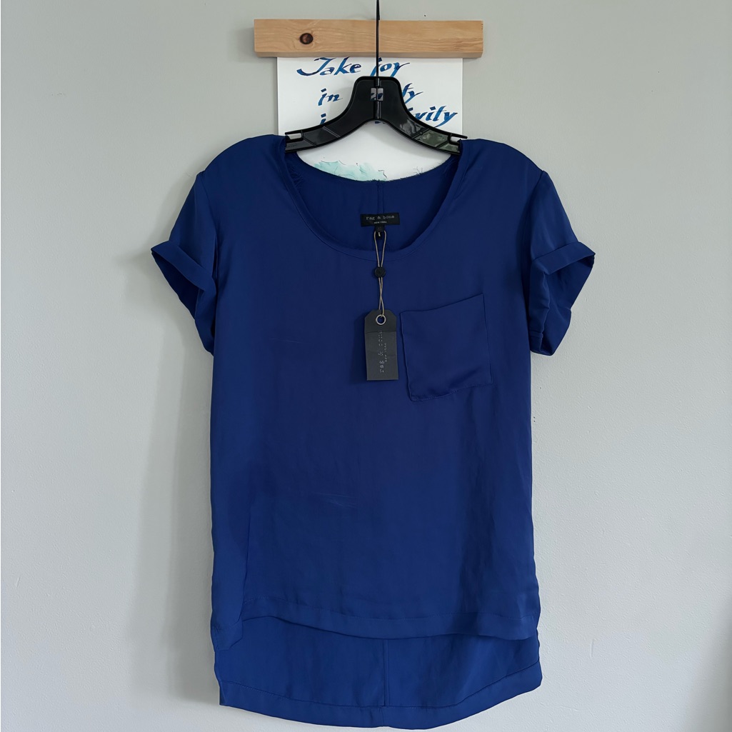 New Rag & Bone Raw Edge Pocket Tee Blue Women's Top